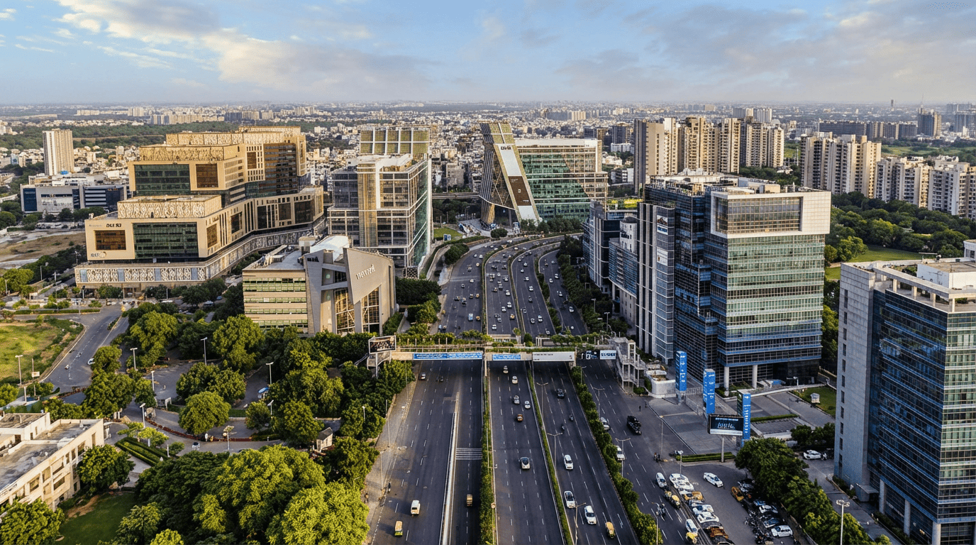 Gurgaon skyline Office towers beside a roadway