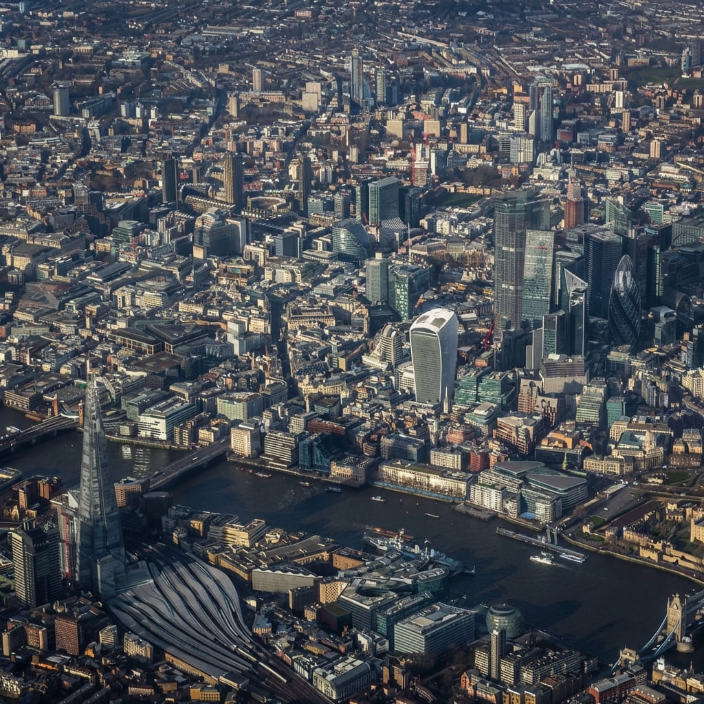 UK riverside city view Aerial view of buildings along a river